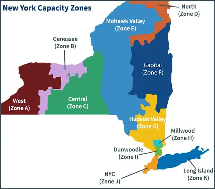 A picture of New York that breaks down where each NYISO capacity zone is