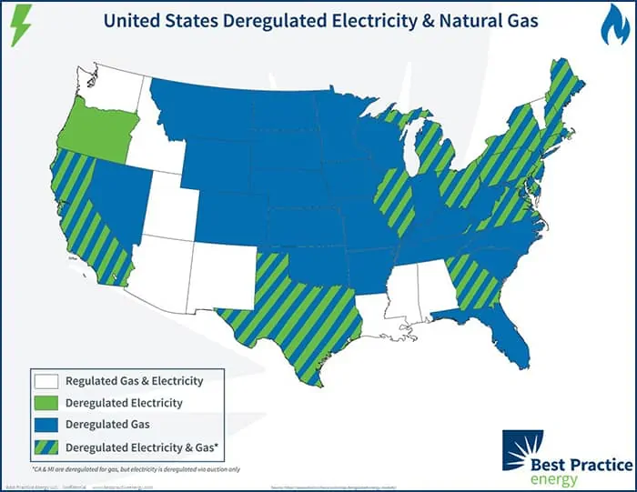 Map of the United States showing which states are deregulated for electricity and/or natural gas