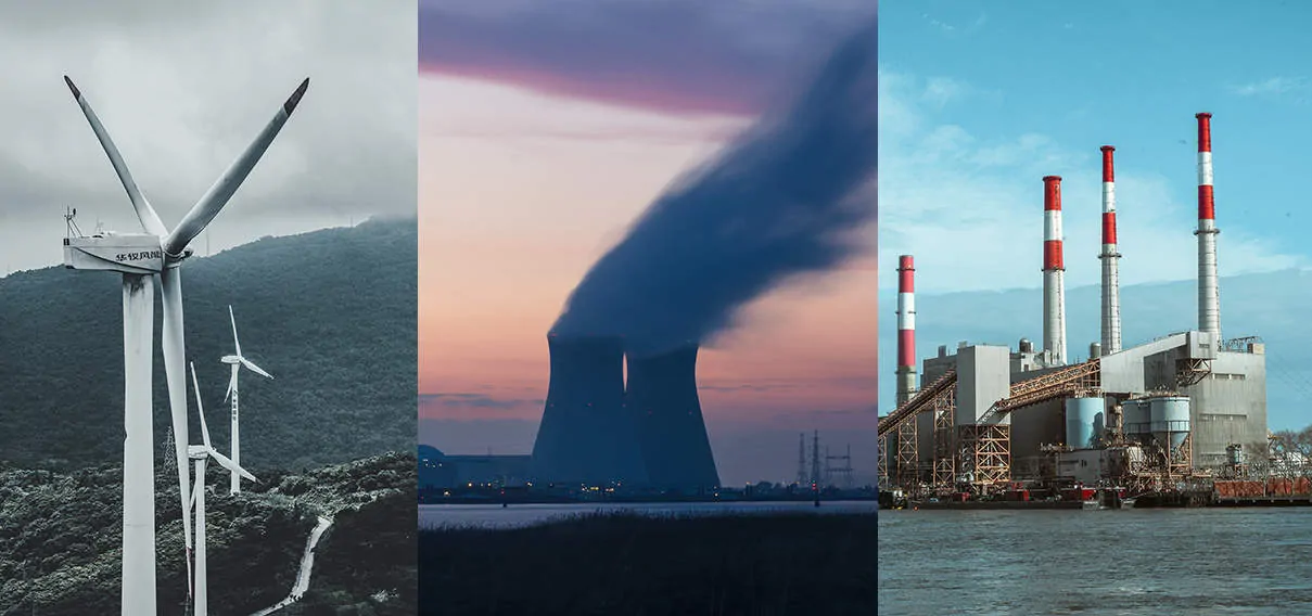 Image showing three different types of electricity generation