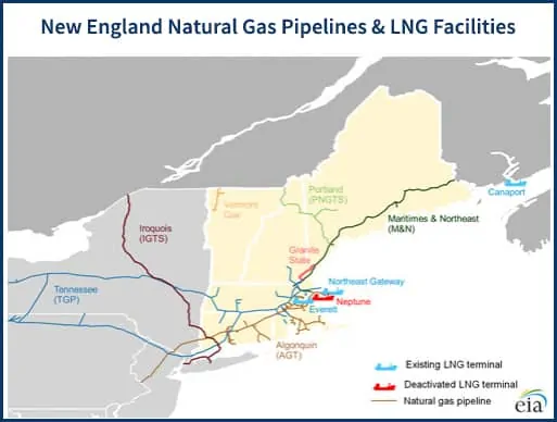 Map of natural gas pipelines and LNG facilities in New England and Northeast Canada