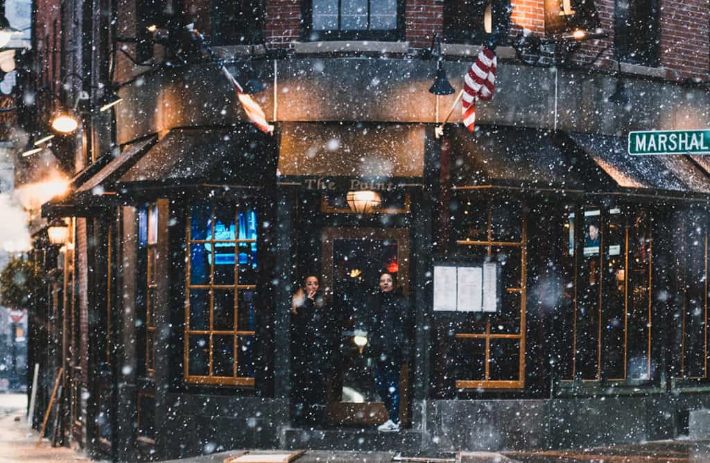 A restaurant in Boston Mass during a winter storm